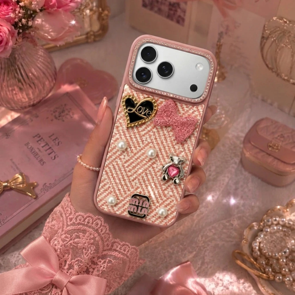 iPhone 17 Pro Max Luxury Rhinestone Tweed Charm Case