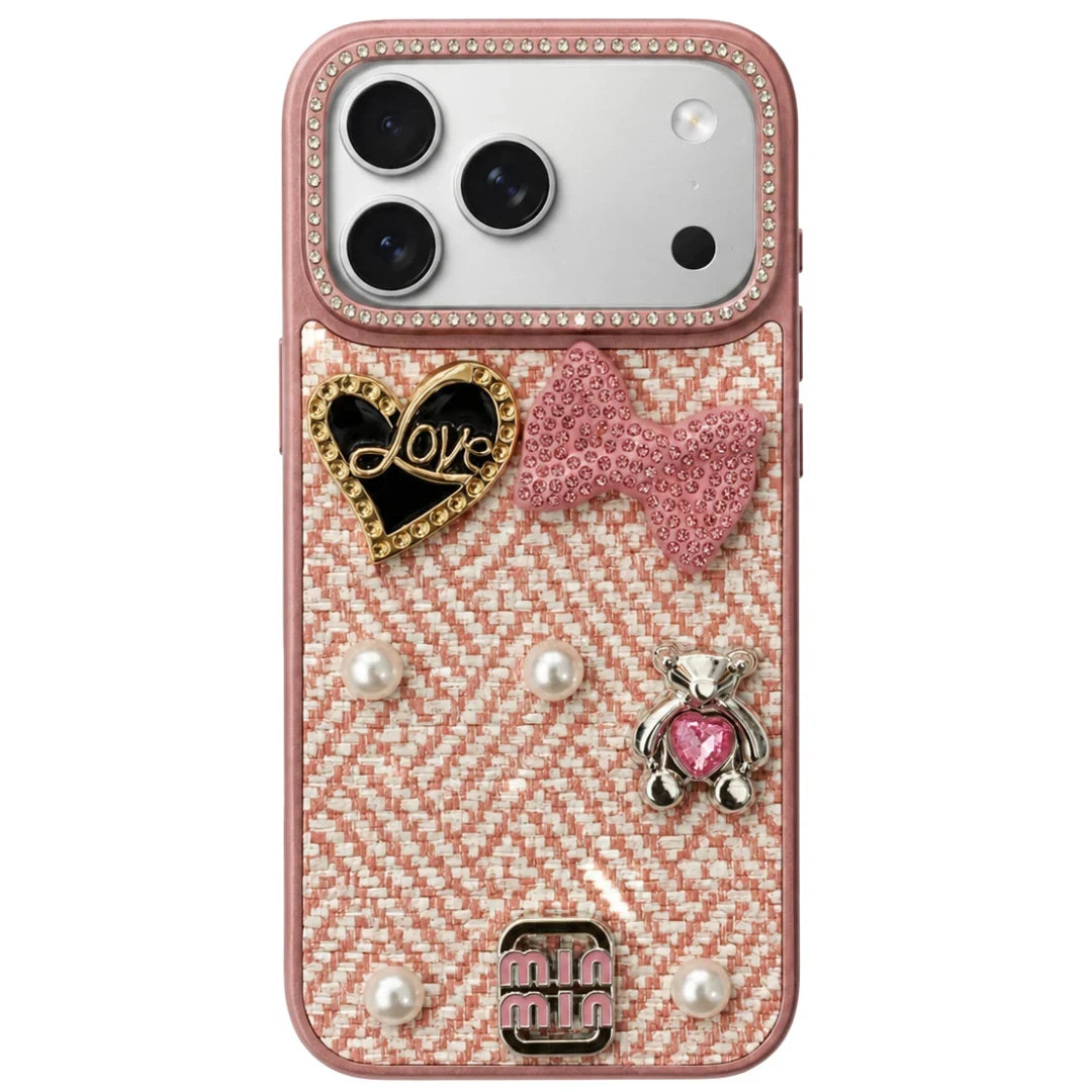 iPhone 17 Pro Max Luxury Rhinestone Tweed Charm Case