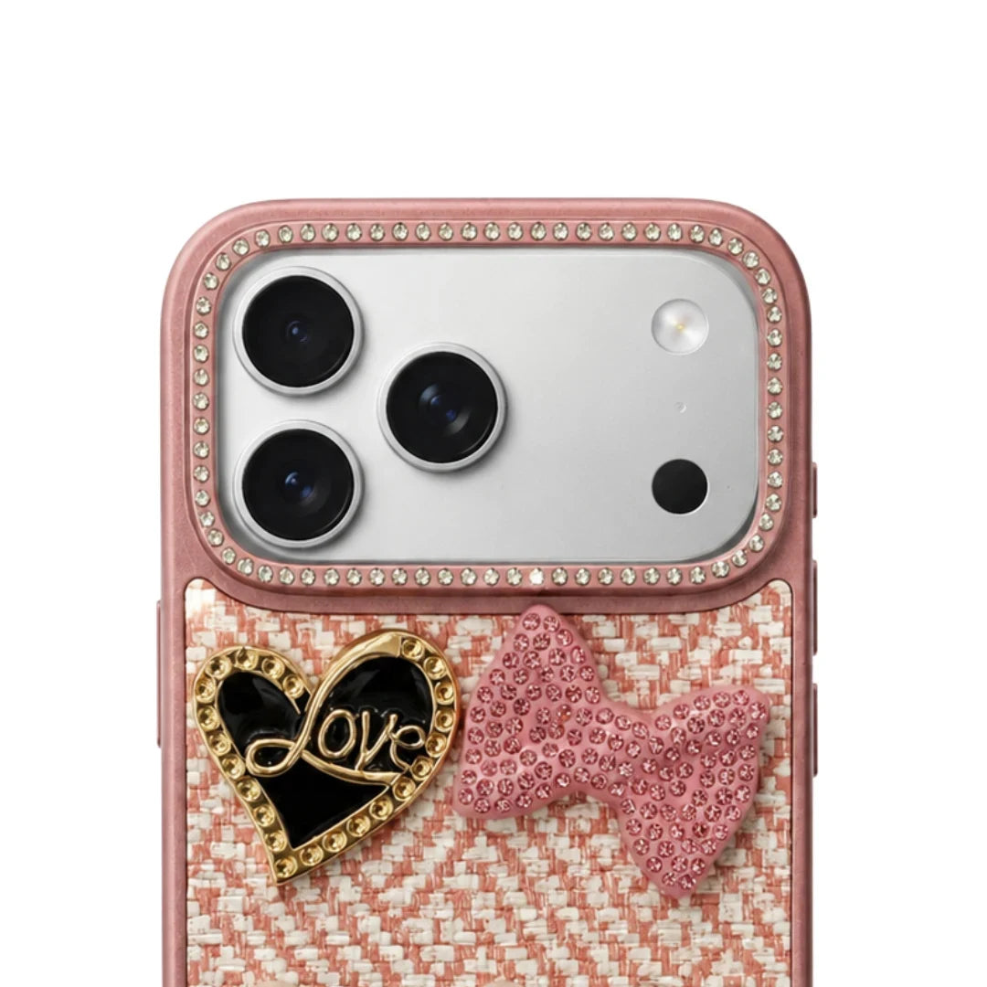 iPhone 17 Pro Max Luxury Rhinestone Tweed Charm Case