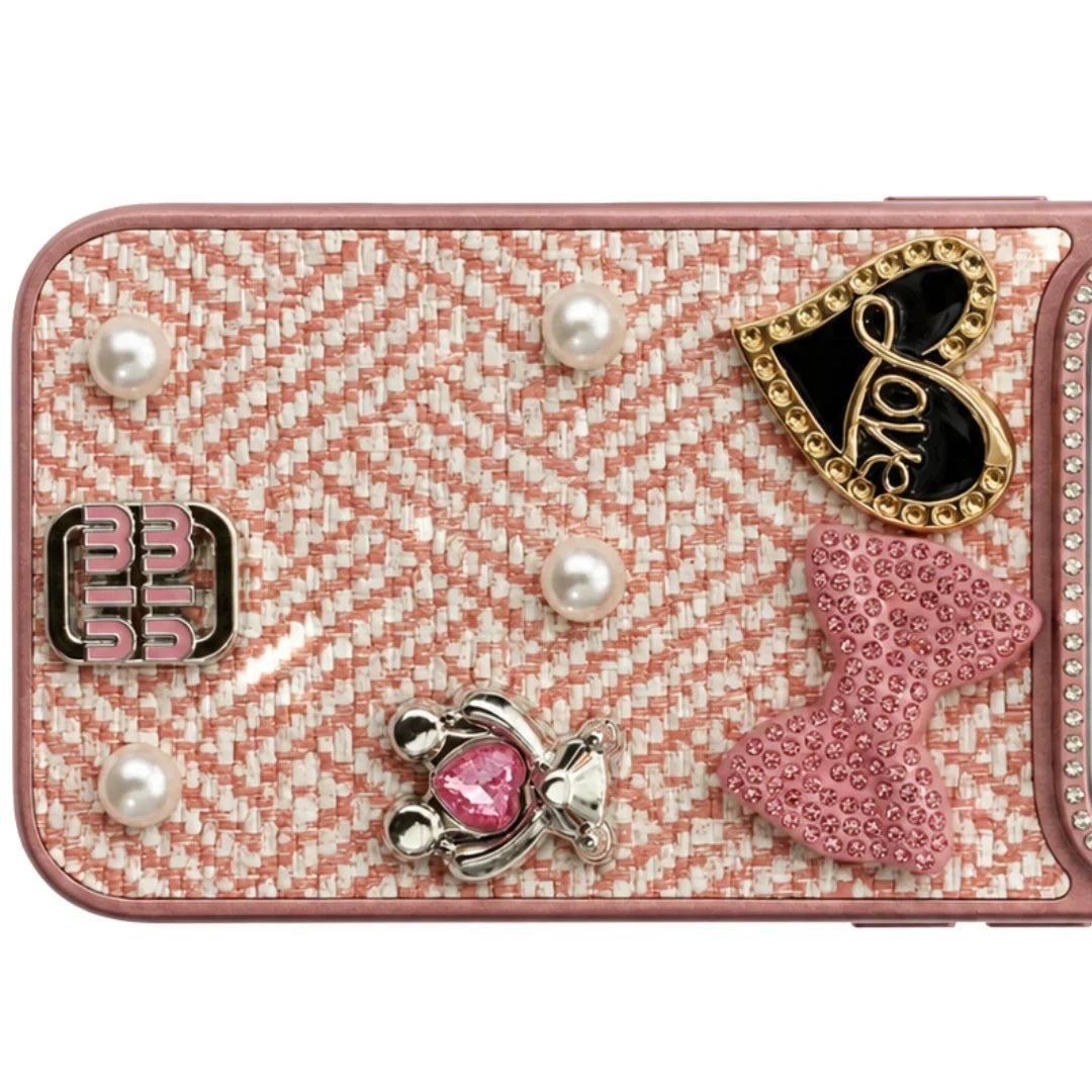 iPhone 17 Pro Max Luxury Rhinestone Tweed Charm Case