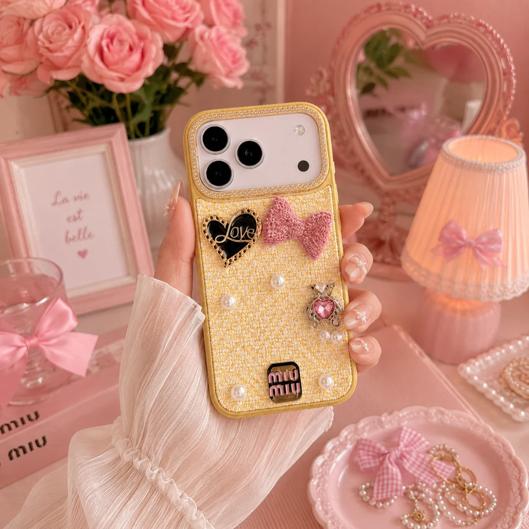 iPhone 17 Pro Max Luxury Rhinestone Tweed Charm Case