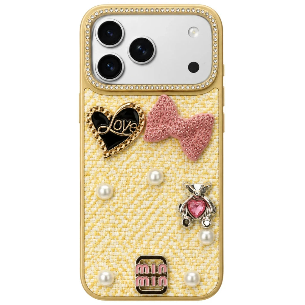 iPhone 17 Pro Max Luxury Rhinestone Tweed Charm Case