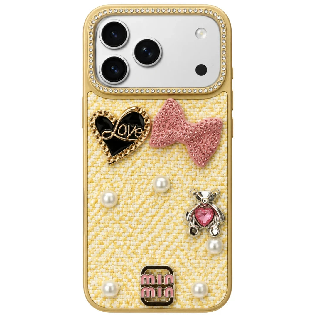 iPhone 17 Pro Max Luxury Rhinestone Tweed Charm Case