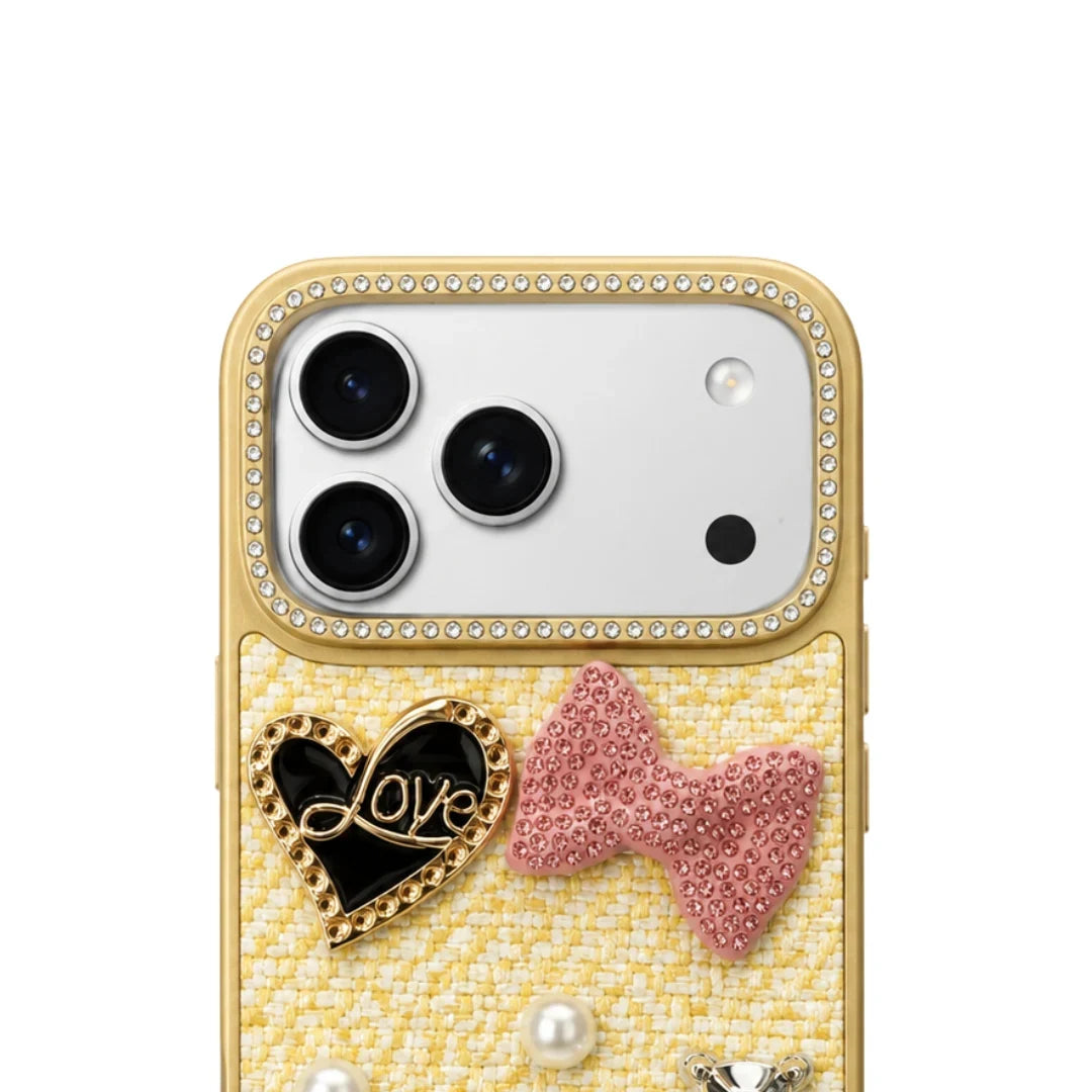 iPhone 17 Pro Max Luxury Rhinestone Tweed Charm Case