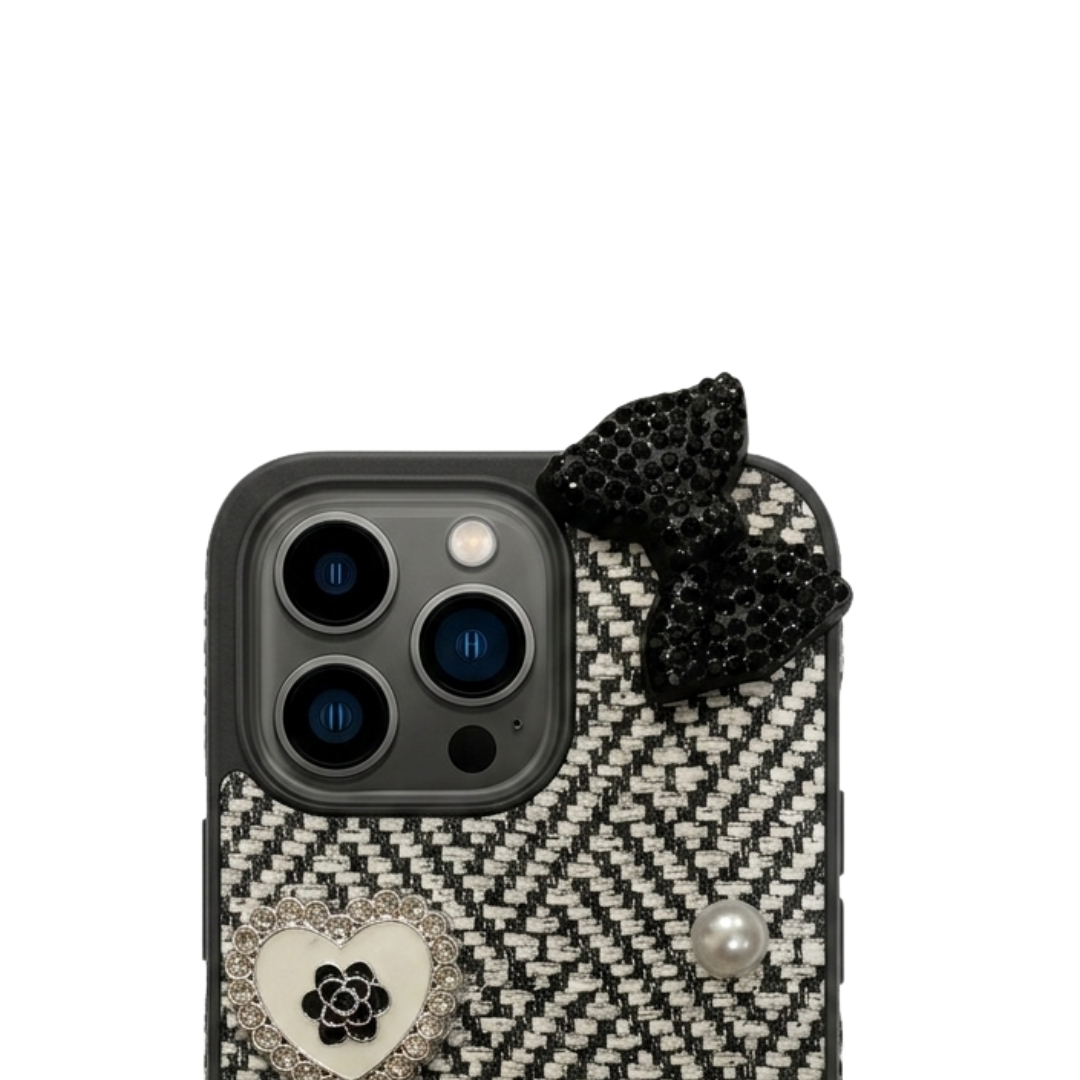 iPhone 16 Pro Max Luxury Tweed Bow Pearl Bear Case | Premium Designer Protective Cover