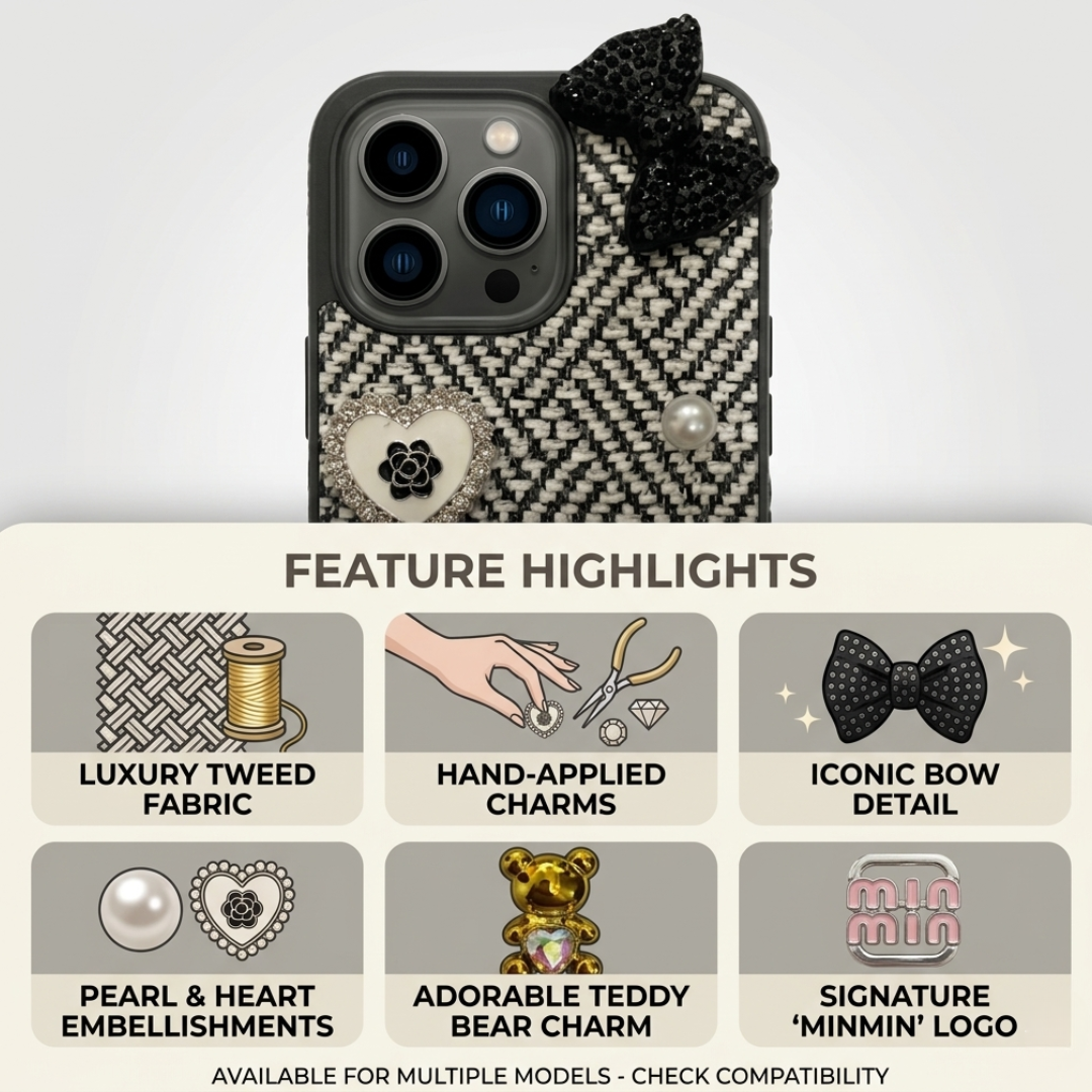 iPhone 16 Pro Max Luxury Tweed Bow Pearl Bear Case | Premium Designer Protective Cover