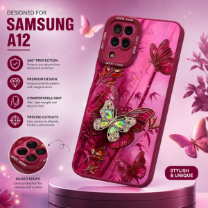 Samsung A12 Butterfly Crystal Kickstand Case – Luxury Shockproof Protective Back Cover | COMOCASES