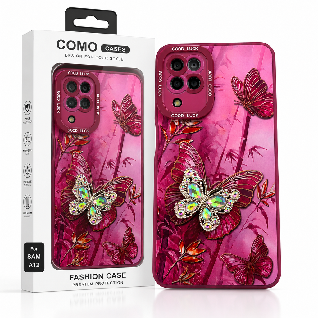 Samsung A12 Butterfly Crystal Kickstand Case – Luxury Shockproof Protective Back Cover | COMOCASES